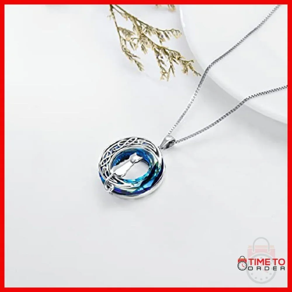 Sterling Silver Cat Moon Pendant Necklace with Crystal Gift for Women